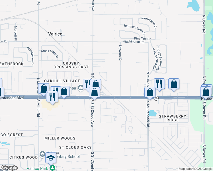 map of restaurants, bars, coffee shops, grocery stores, and more near 3166 Royal Tuscan Lane in Valrico