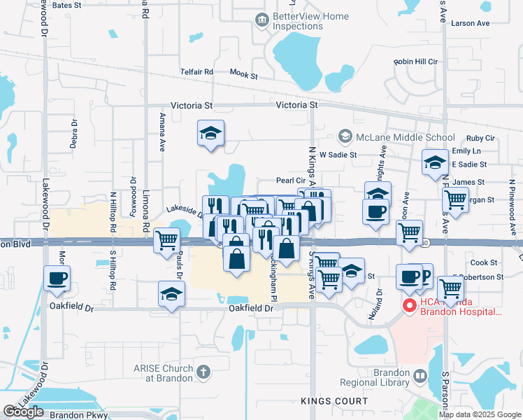 map of restaurants, bars, coffee shops, grocery stores, and more near 809 Russell Lane in Brandon