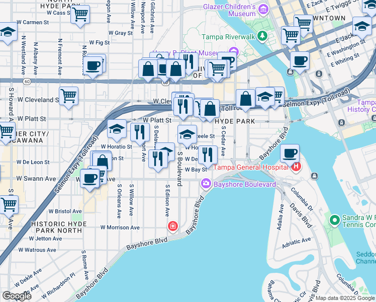map of restaurants, bars, coffee shops, grocery stores, and more near 705 West De Leon Street in Tampa