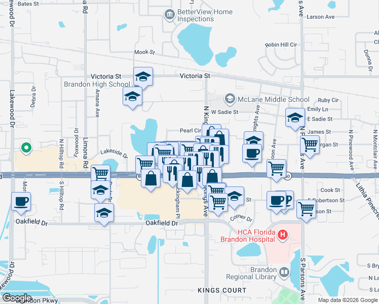 map of restaurants, bars, coffee shops, grocery stores, and more near 709 Russell Lane in Brandon