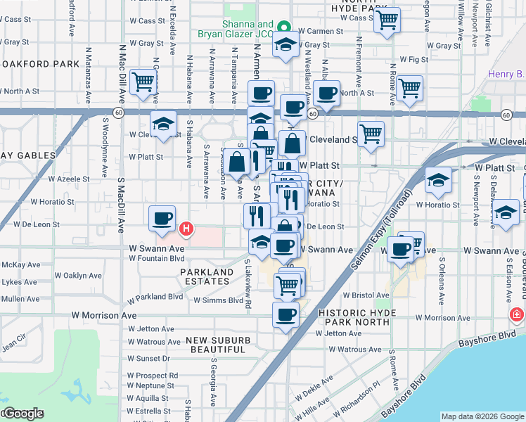 map of restaurants, bars, coffee shops, grocery stores, and more near 520 South Armenia Avenue in Tampa