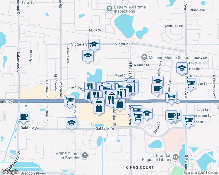 map of restaurants, bars, coffee shops, grocery stores, and more near 809 Russell Lane in Brandon