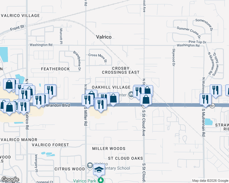 map of restaurants, bars, coffee shops, grocery stores, and more near 101 Oakhill Ridge Road in Valrico