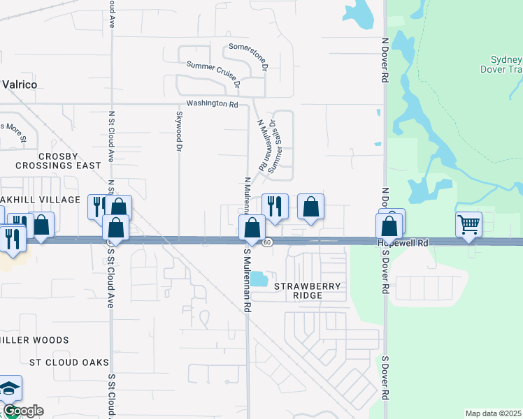 map of restaurants, bars, coffee shops, grocery stores, and more near 209 Drawbridge Lane in Valrico