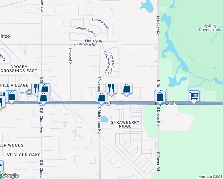 map of restaurants, bars, coffee shops, grocery stores, and more near 235 Castlekeeper Place in Valrico
