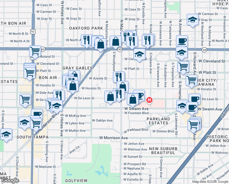 map of restaurants, bars, coffee shops, grocery stores, and more near 3109 West De Leon Street in Tampa