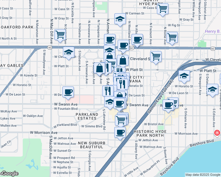 map of restaurants, bars, coffee shops, grocery stores, and more near 520 South Armenia Avenue in Tampa