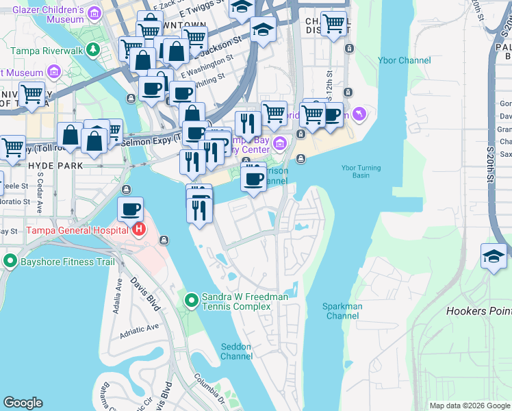 map of restaurants, bars, coffee shops, grocery stores, and more near 802 Harbour Post Drive in Tampa