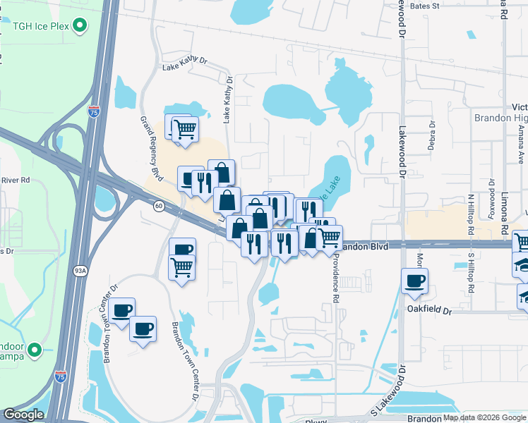 map of restaurants, bars, coffee shops, grocery stores, and more near 114 Karde Lane in Brandon