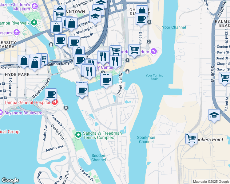 map of restaurants, bars, coffee shops, grocery stores, and more near 500 Harbour Place Drive in Tampa