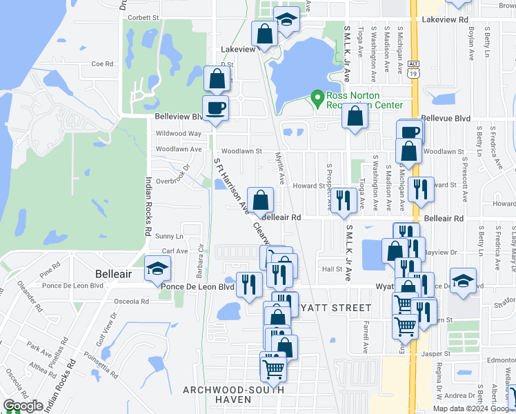 map of restaurants, bars, coffee shops, grocery stores, and more near 620 Belleair Road in Clearwater