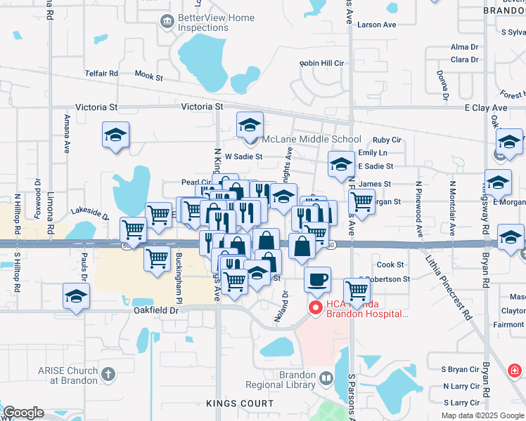 map of restaurants, bars, coffee shops, grocery stores, and more near 510 Cobalt Blue Drive in Brandon