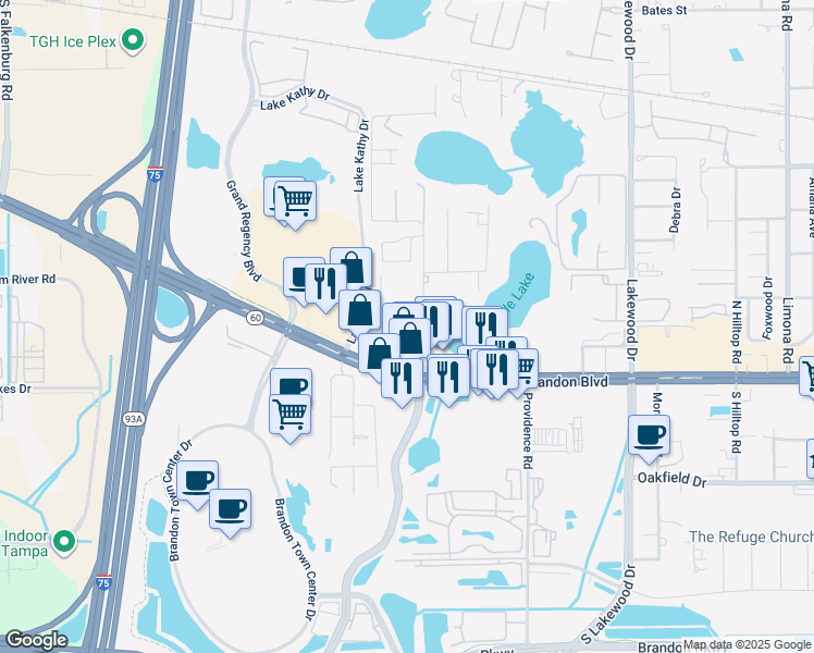 map of restaurants, bars, coffee shops, grocery stores, and more near 130 Gornto Lake Road in Brandon
