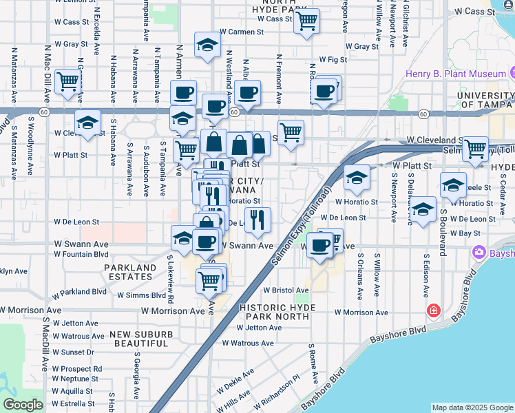 map of restaurants, bars, coffee shops, grocery stores, and more near 509 South Melville Avenue in Tampa