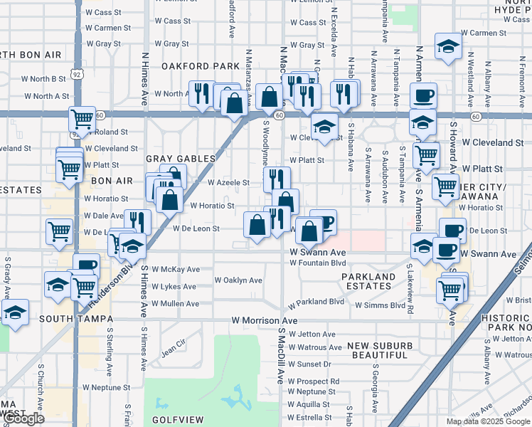 map of restaurants, bars, coffee shops, grocery stores, and more near in Tampa