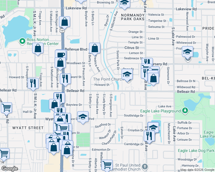map of restaurants, bars, coffee shops, grocery stores, and more near 1360 Belleair Road in Clearwater