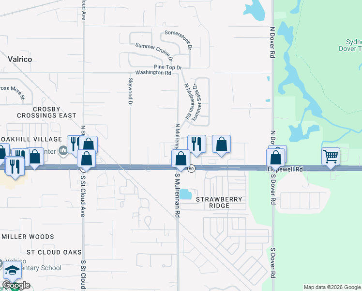map of restaurants, bars, coffee shops, grocery stores, and more near 228 Castlekeeper Place in Valrico