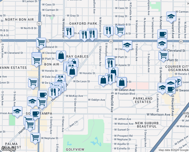 map of restaurants, bars, coffee shops, grocery stores, and more near 3210 West Horatio Street in Tampa
