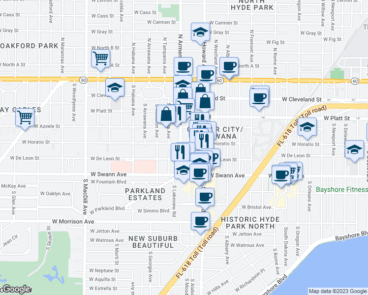 map of restaurants, bars, coffee shops, grocery stores, and more near 520 South Armenia Avenue in Tampa