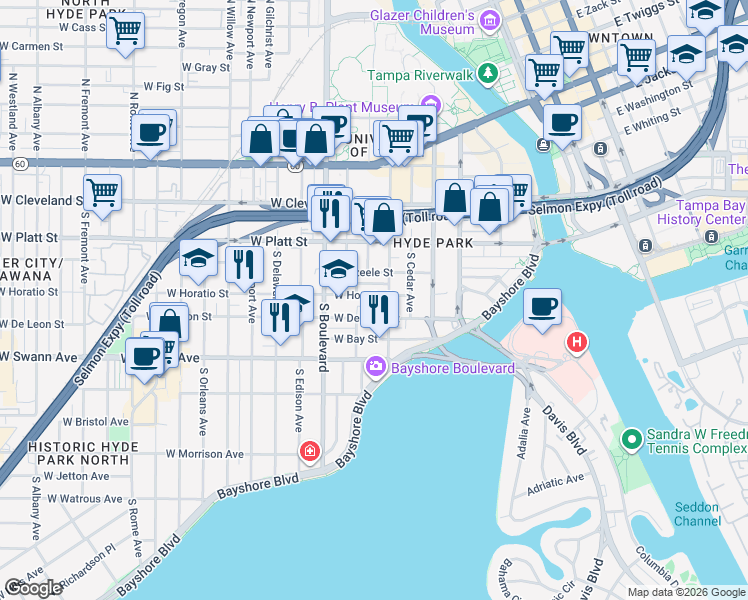 map of restaurants, bars, coffee shops, grocery stores, and more near 615 West De Leon Street in Tampa