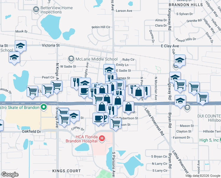 map of restaurants, bars, coffee shops, grocery stores, and more near 101-119 Fontaine St in Brandon