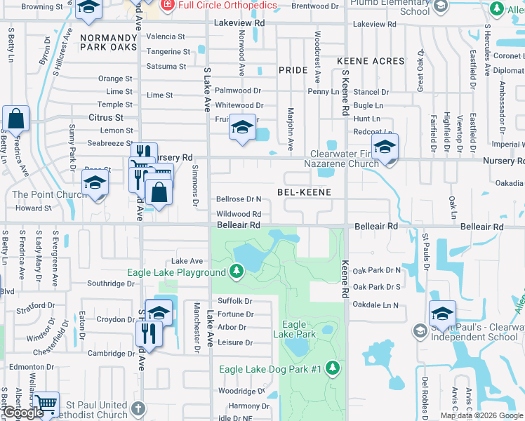 map of restaurants, bars, coffee shops, grocery stores, and more near 1684 Wildwood Road in Clearwater