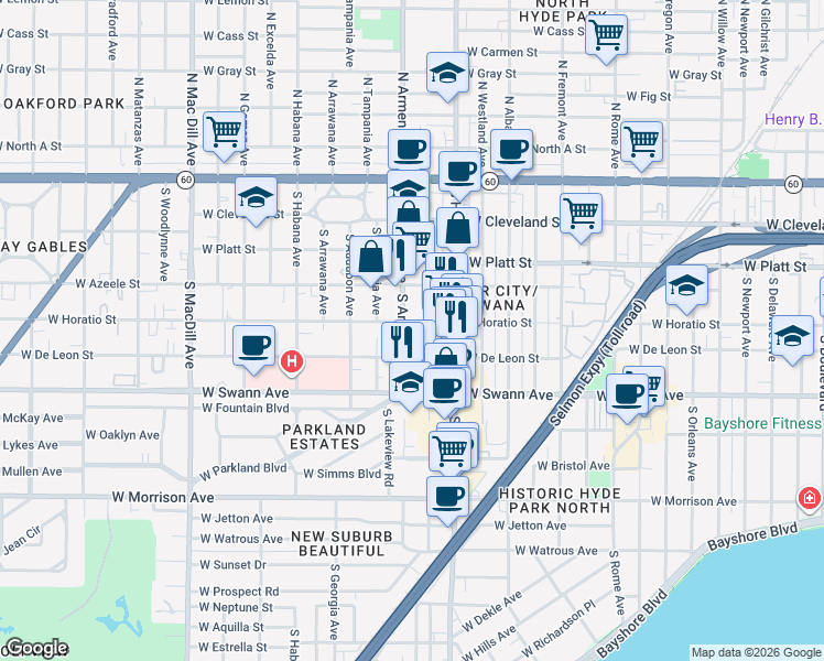map of restaurants, bars, coffee shops, grocery stores, and more near 520 South Armenia Avenue in Tampa
