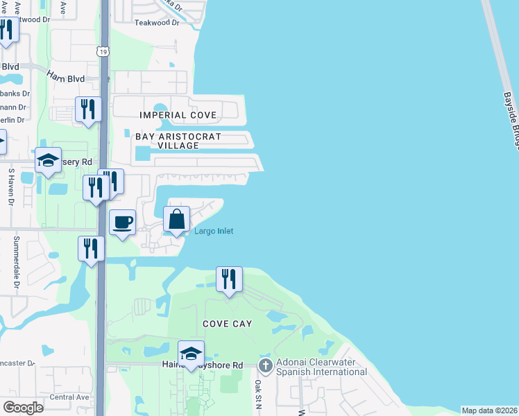 map of restaurants, bars, coffee shops, grocery stores, and more near Bay Aristocraft Village in Clearwater