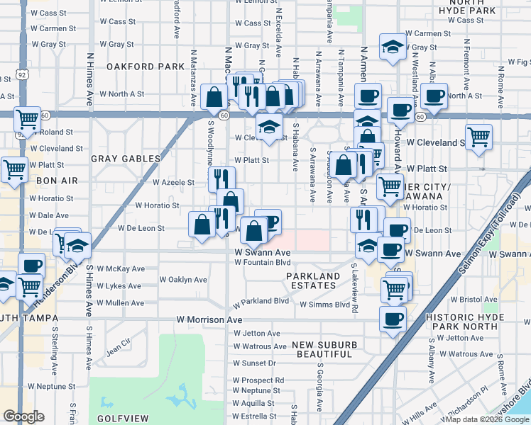 map of restaurants, bars, coffee shops, grocery stores, and more near 2835 West De Leon Street in Tampa