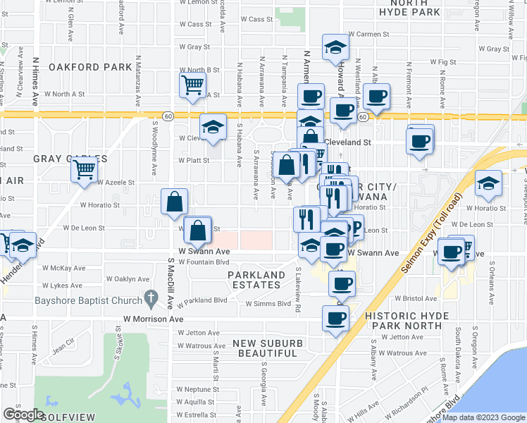 map of restaurants, bars, coffee shops, grocery stores, and more near 2619 West De Leon Street in Tampa