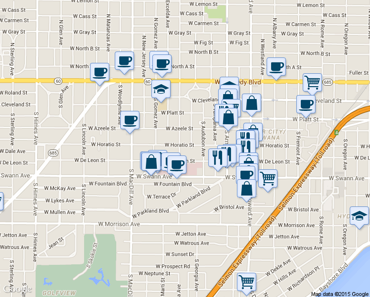 map of restaurants, bars, coffee shops, grocery stores, and more near 2619 West De Leon Street in Tampa