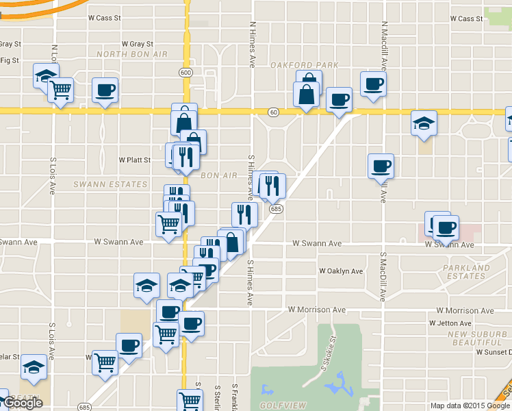 map of restaurants, bars, coffee shops, grocery stores, and more near 15 South Himes Avenue in Tampa