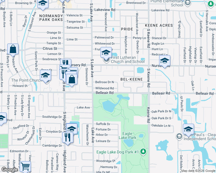 map of restaurants, bars, coffee shops, grocery stores, and more near 1659 Wildwood Road in Clearwater
