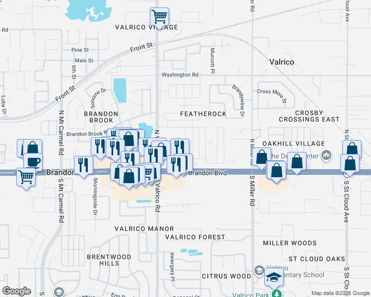 map of restaurants, bars, coffee shops, grocery stores, and more near 2116 Jelane Drive in Valrico
