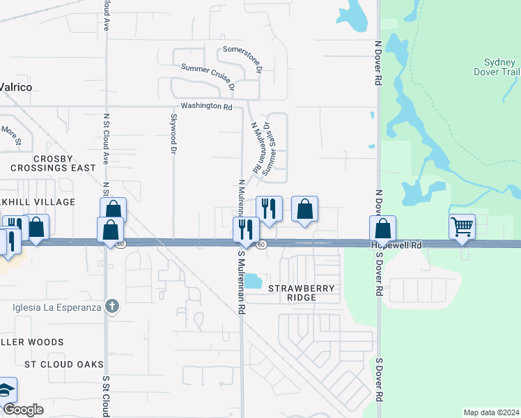 map of restaurants, bars, coffee shops, grocery stores, and more near 246 Castlekeeper Place in Valrico