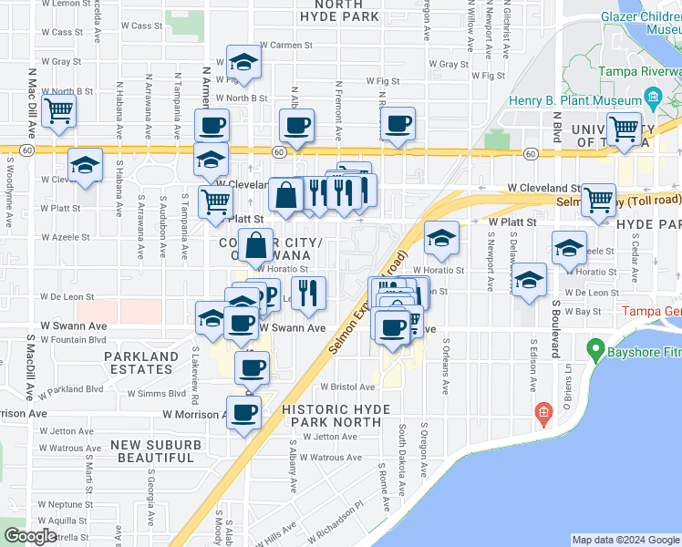 map of restaurants, bars, coffee shops, grocery stores, and more near 505 South Fremont Avenue in Tampa