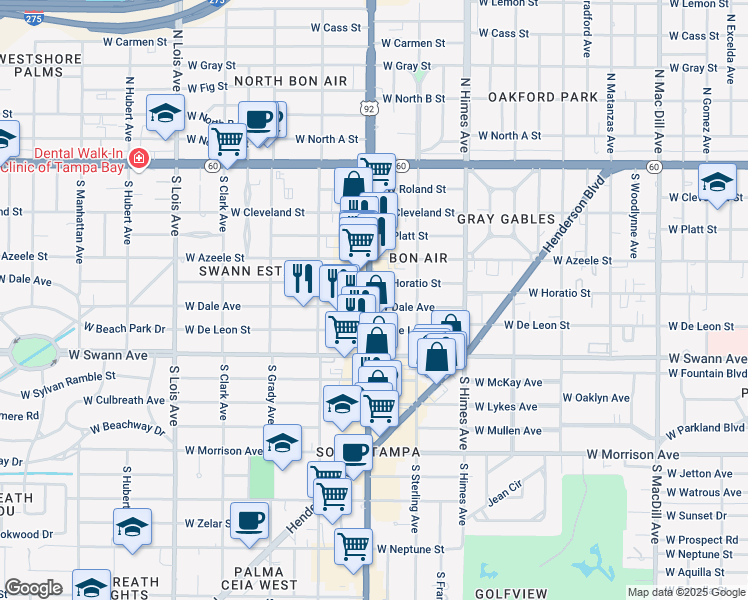 map of restaurants, bars, coffee shops, grocery stores, and more near 609 South Dale Mabry Highway in Tampa