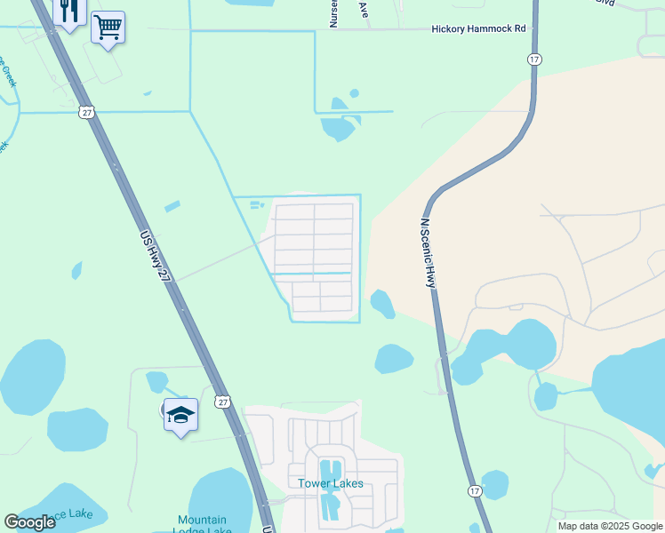 map of restaurants, bars, coffee shops, grocery stores, and more near Caymen Way in Lake Wales