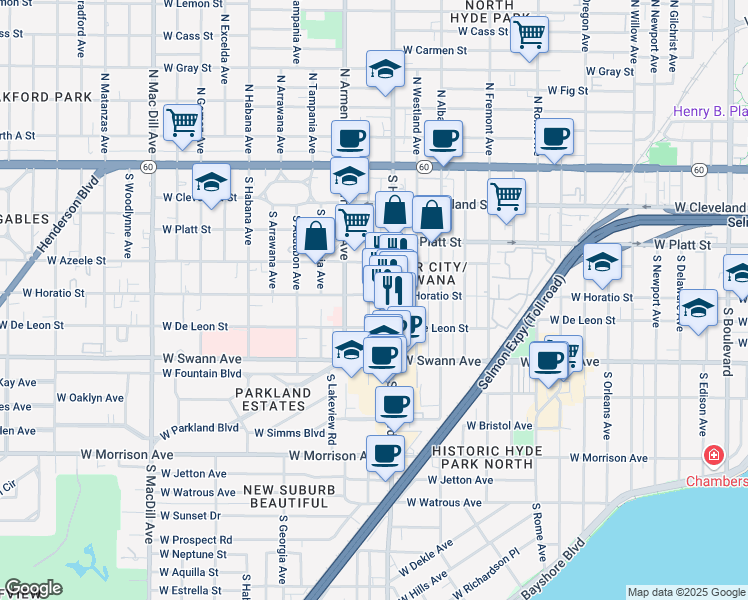 map of restaurants, bars, coffee shops, grocery stores, and more near 555 South Howard Avenue in Tampa