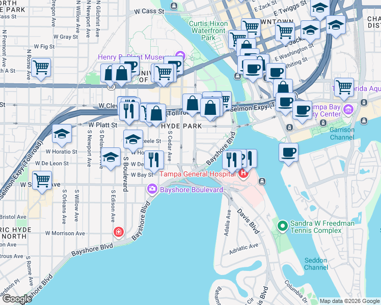 map of restaurants, bars, coffee shops, grocery stores, and more near 345 Bayshore Boulevard in Tampa