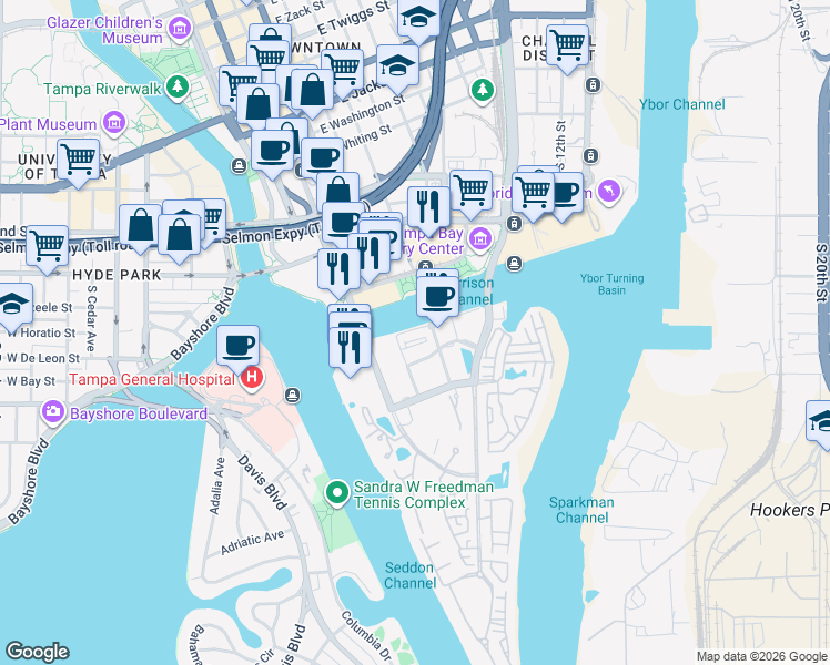 map of restaurants, bars, coffee shops, grocery stores, and more near 725 Harbour Post Drive in Tampa
