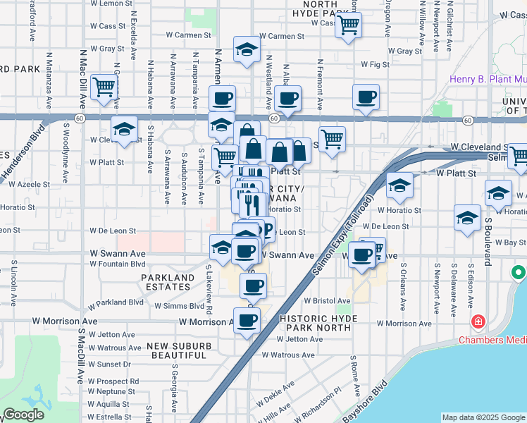 map of restaurants, bars, coffee shops, grocery stores, and more near 512 South Westland Avenue in Tampa