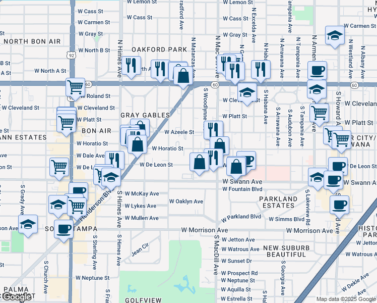 map of restaurants, bars, coffee shops, grocery stores, and more near 517 South Matanzas Avenue in Tampa