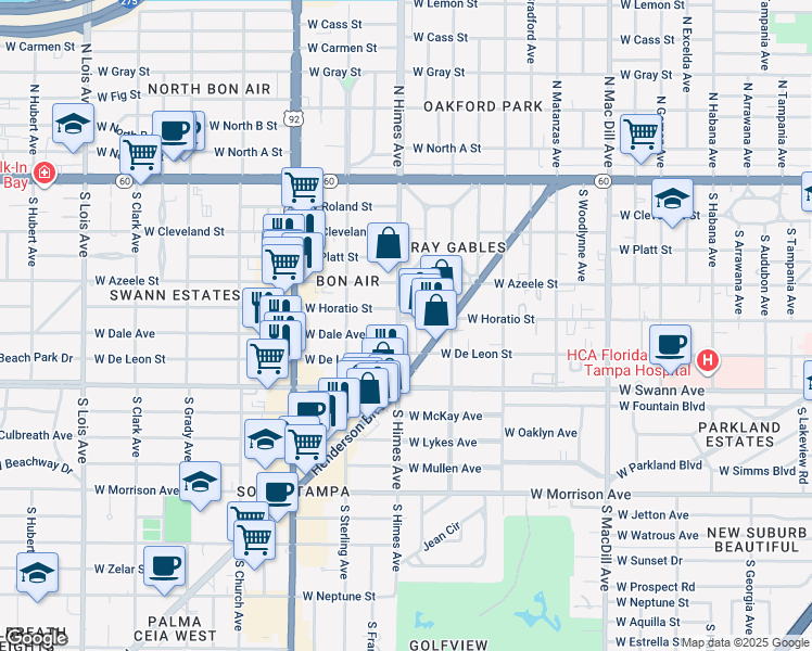 map of restaurants, bars, coffee shops, grocery stores, and more near 15 South Himes Avenue in Tampa