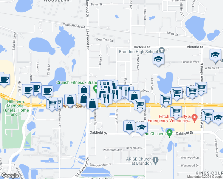 map of restaurants, bars, coffee shops, grocery stores, and more near 1534 Highland Ridge Circle in Brandon