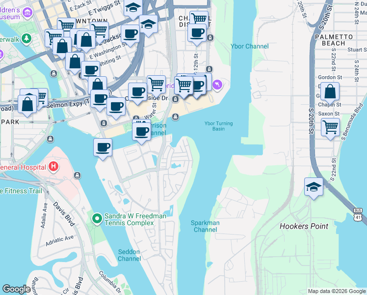 map of restaurants, bars, coffee shops, grocery stores, and more near 708 Seaboard Place in Tampa