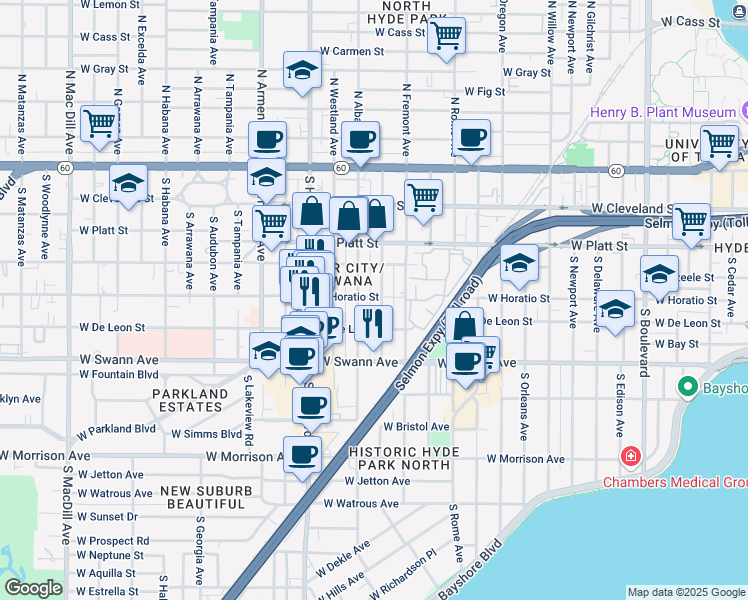 map of restaurants, bars, coffee shops, grocery stores, and more near 509 South Melville Avenue in Tampa