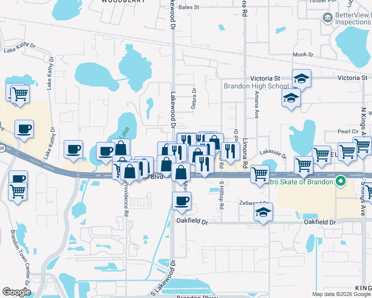 map of restaurants, bars, coffee shops, grocery stores, and more near 1602 West Brandon Boulevard in Brandon