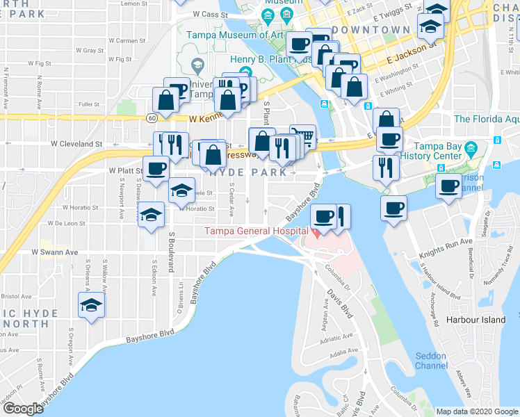 map of restaurants, bars, coffee shops, grocery stores, and more near 341 South Plant Avenue in Tampa