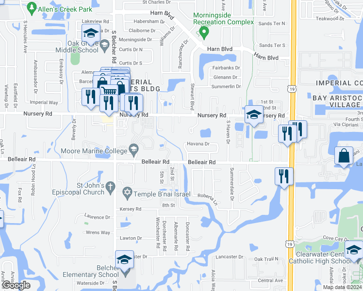 map of restaurants, bars, coffee shops, grocery stores, and more near 1564 Havana Drive in Clearwater
